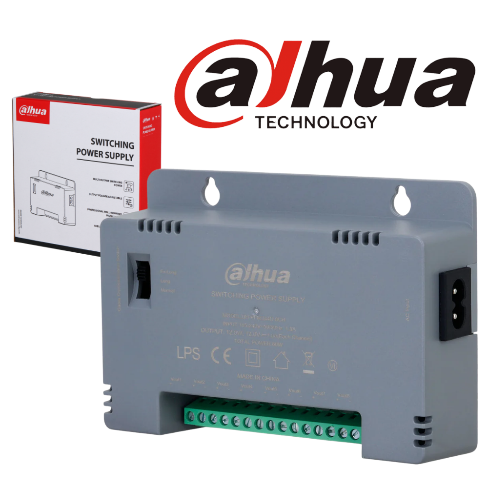 FUENTE CENTRALIZADA DAHUA PFM344D-8CH-US MULTISALIDA 8 CANALES, SALIDA 12V POTENCIA TOTAL 60 W