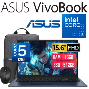 LAPTOP ASUS VIVOBOOK 15 X1504VA-BQ4609 15.6" FHD, CORE 5 120U, RAM 16GB DDR5, DISCO SSD 512GB, MOCHILA, MOUSE, AZUL TRANQUILO