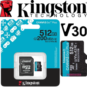 MEMORIA MICROSD KINGSTON CANVAS GO! PLUS 512GB PARA CAMARA DE SEGURIDAD 24/7 INCLUYE ADAPTADOR SD